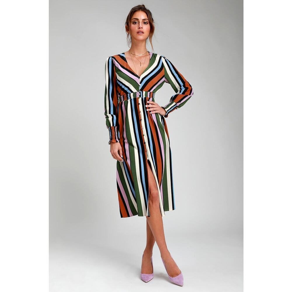 Lulus Multi Striped Button-Up Midi Dress - Picture 1 of 6